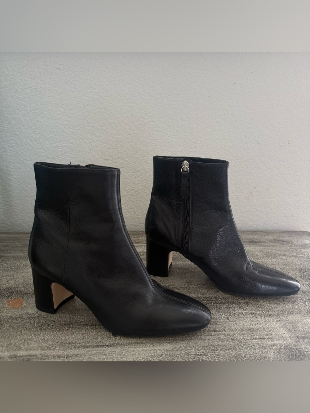Zara Basic Black Leather Heeled Ankle Boots Block Heel Size 36/ US 6
